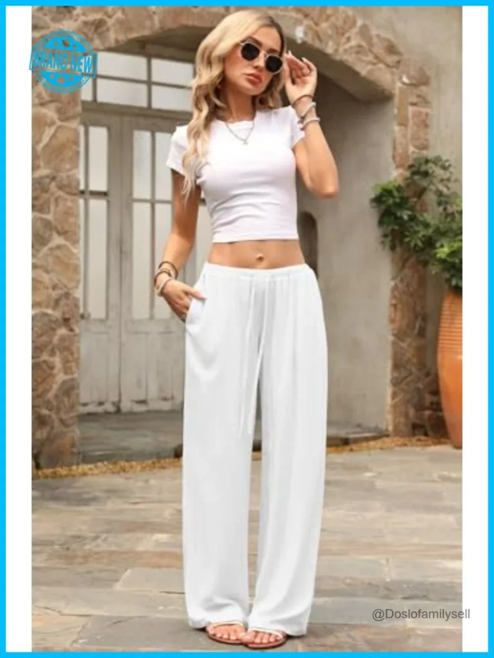 Low Rise Wide Leg Linen Blend Palazzo Pants with Pockets